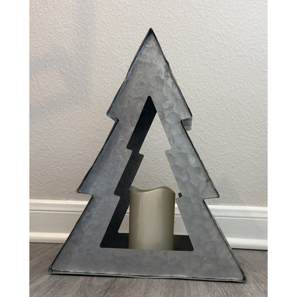 Galvanized Metal Christmas Tree Candle Holder Rustic Decorative, Place A Bid